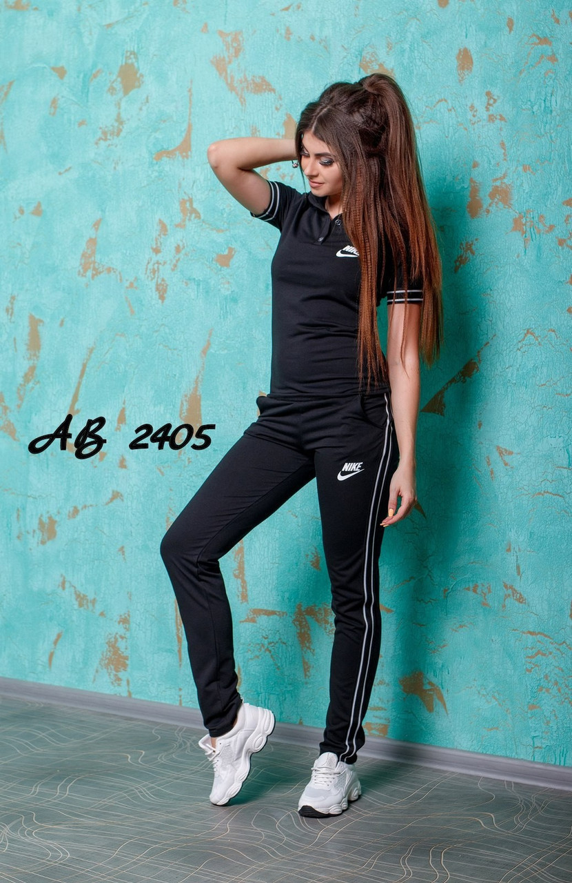 Молодежный летний женский спортивный костюм: штаны и футболка поло с лампасами, реплика Nike - фото 1 - id-p9445612