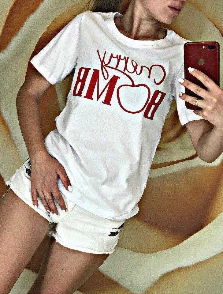 Летняя женская молодежная футболка с надписью Cherry Bomb - фото 1 - id-p9454326