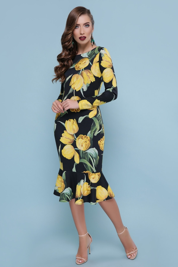 Тюльпаны желтые платье Фаина д/р черный - фото 1 - id-p9432497