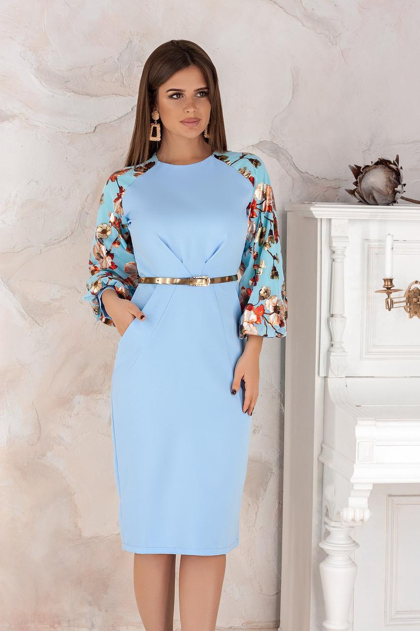 Элегантное нарядное деловое платье миди с красивыми пышными рукавами с цветочным узором и ремнем в комплекте - фото 1 - id-p9511372