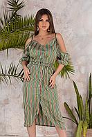 Стильное летнее платье в полоску на пуговицах и с вырезами на плечах