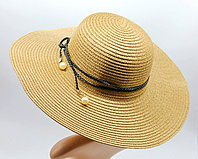 Женская шляпа с большими полями, шляпа женская летняя, летняя шляпка пляжная, светло - коричневая.