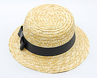 Соломенная шляпа с черной лентой и узким полем, шляпа женская летняя, летняя шляпка пляжная, бежевая.