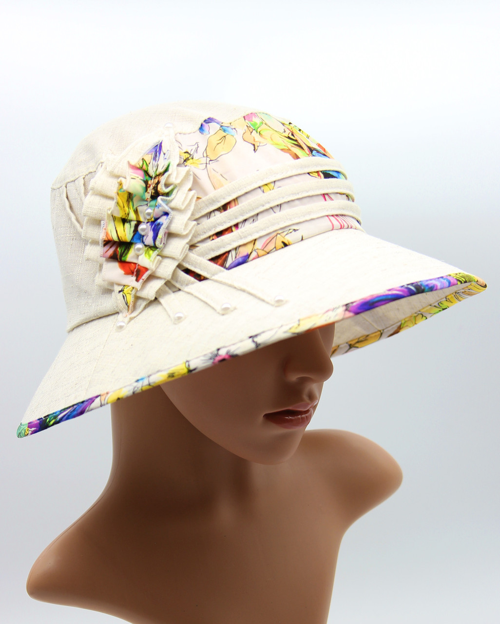 Женская льняная шляпка с полями - летняя шляпа женская с шифоном и украшением. - фото 1 - id-p9526755