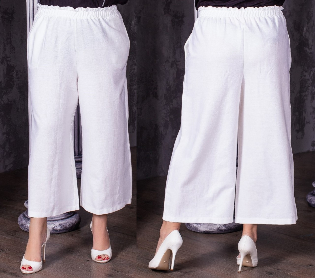 Модные летние широкие брюки кюлоты с высокой посадкой из легкой ткани, батал большие размеры - фото 1 - id-p9526876