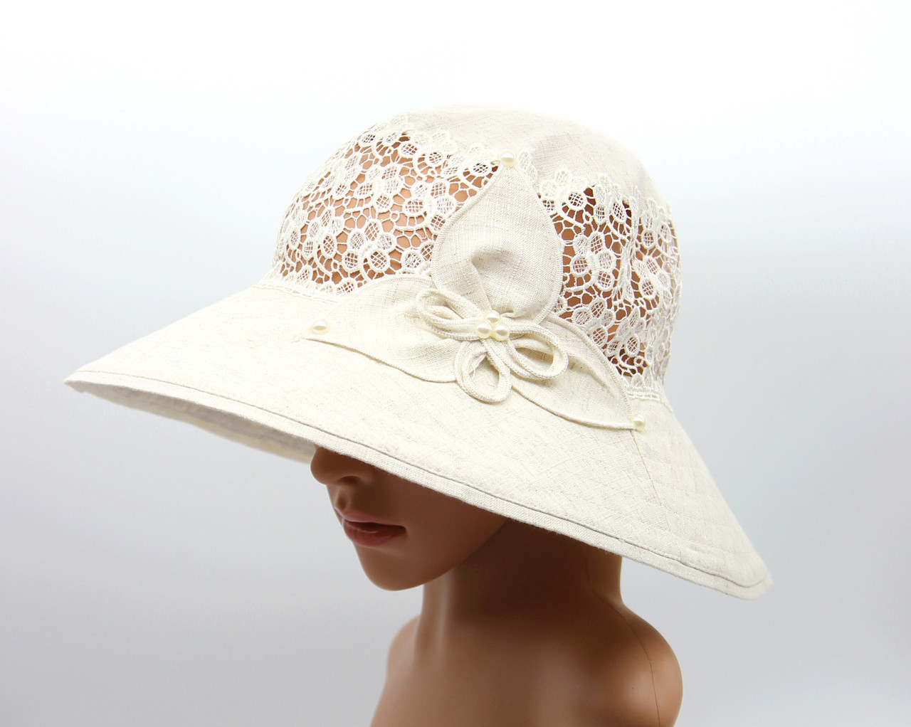 Льняная шляпка с полями, летняя шляпа женская с украшением. - фото 1 - id-p9526759