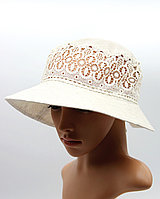 Женская льняная шляпка с полями - летняя шляпа женская с шифоном и украшением.