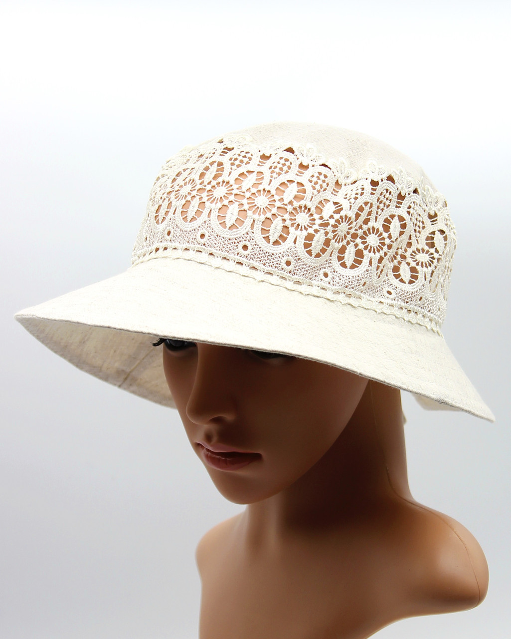 Женская льняная шляпка с полями - летняя шляпа женская с шифоном и украшением. - фото 1 - id-p9526762