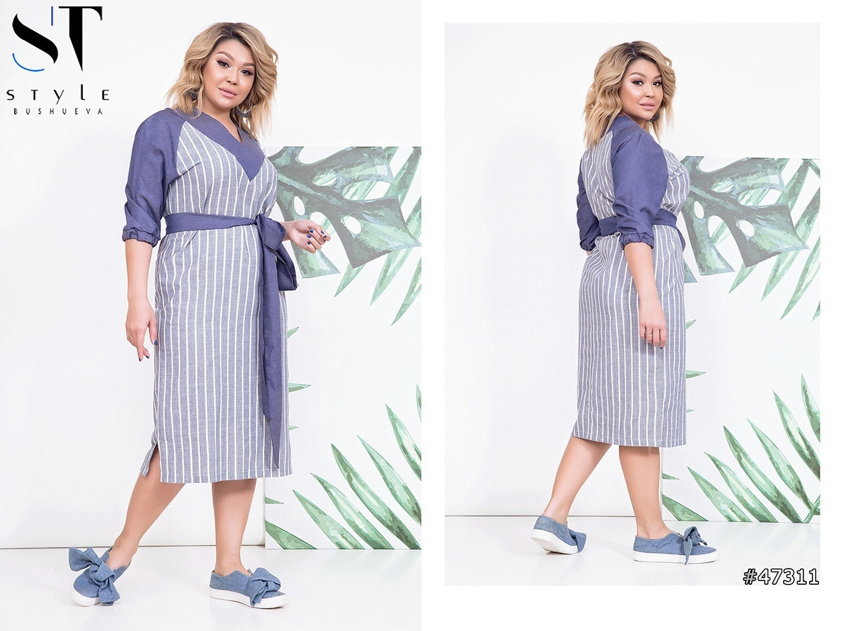 Модное комбинированное платье из льна в полоску и джинса, норма и батал большие размеры - фото 1 - id-p9552015