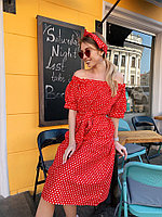 Легкое летне платье миди в горошек с открытыми плечами и пояском в комплекте, норма и батал большие размеры