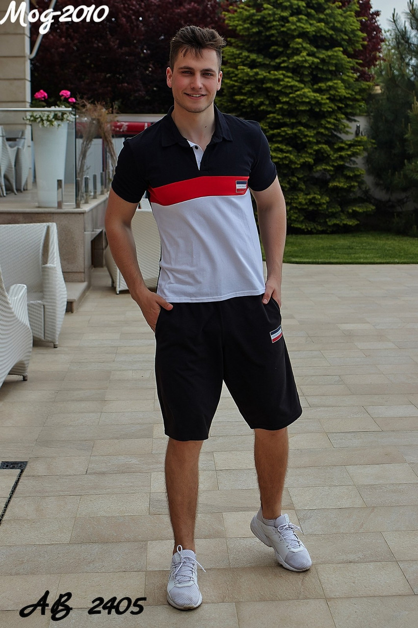 Мужской молодежный летний спортивный костюм: черные шорты и футболка поло - фото 1 - id-p9625290