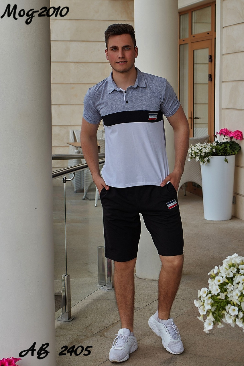 Мужской молодежный летний спортивный костюм: черные шорты и футболка поло - фото 1 - id-p9625291