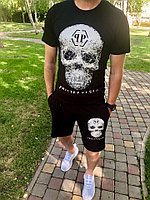 Мужской молодежный спортивный костюм: шорты и футболка с рисунком черепа