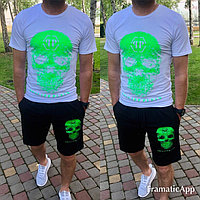 Мужской молодежный спортивный костюм: шорты и футболка с рисунком черепа