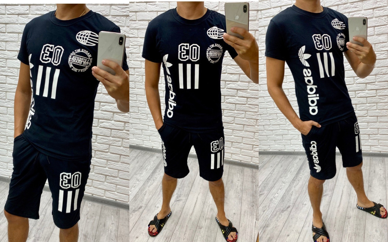 Мужской молодежный спортивный костюм: шорты и футболка с брендовой надписью, реплика Адидас - фото 1 - id-p9632789