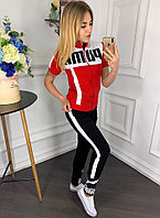 Женский летний молодежный спортивный костюм: штаны и футболка на змейке с воротником стойкой, реплика Пума