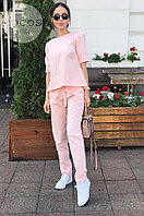 Женский стильный костюм из льна: легкая блуза с шифоновой вставкой и брюки с пояском