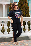 Женский летний прогулочный спортивный костюм: футболка и штаны с леопардовыми лампасами, батал большие размеры