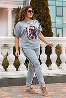 Женский летний прогулочный спортивный костюм: футболка и штаны с леопардовыми лампасами, батал большие размеры