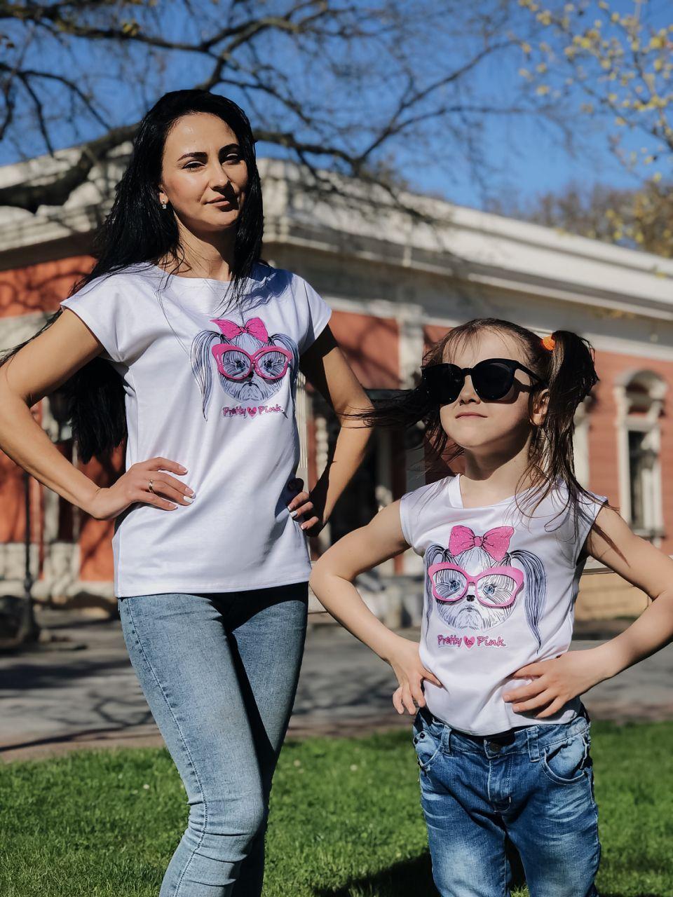 Детская летняя футболка для девочки с красивой аппликацией спереди, серия "мама и дочка" - фото 1 - id-p9662757