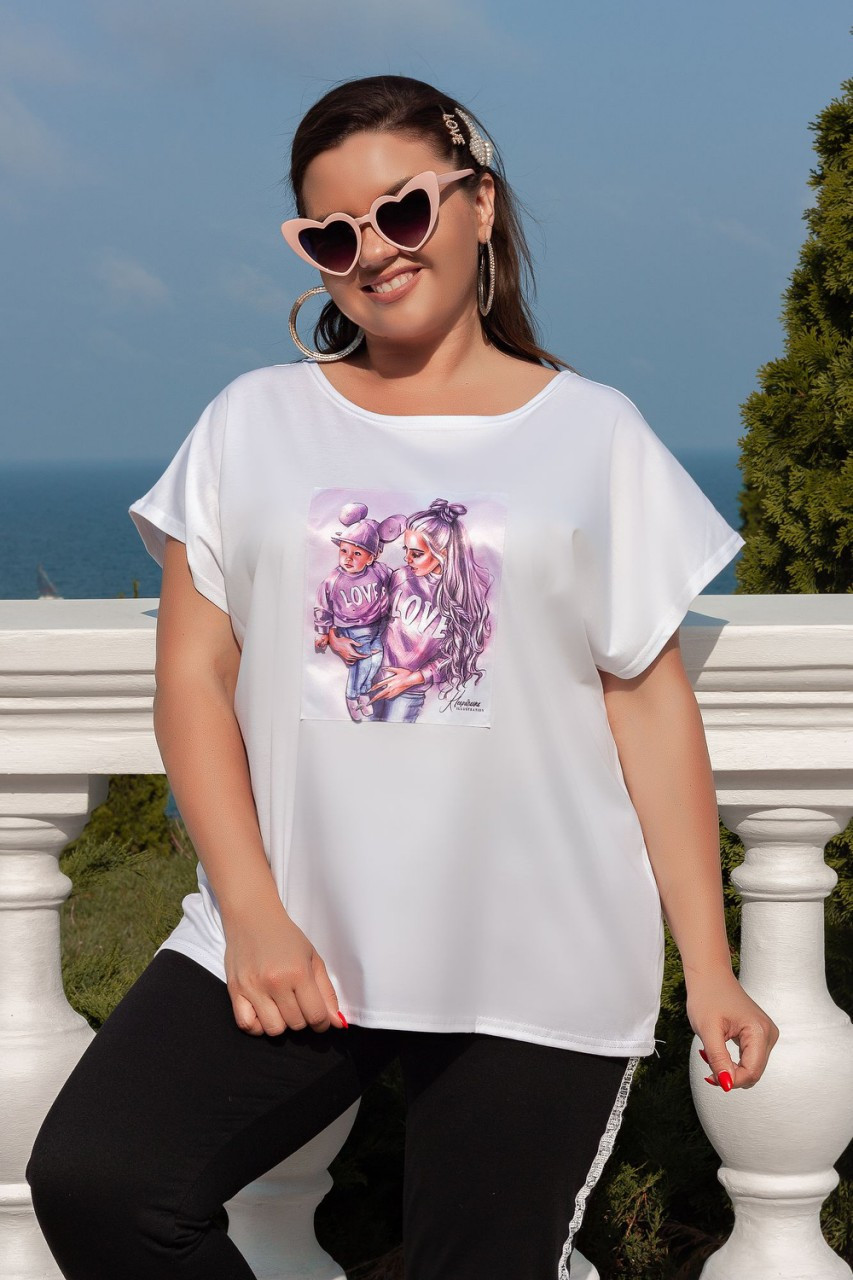Женская летняя футболка с красивой аппликацией спереди, серия "мама и дочка", батал большие размеры - фото 1 - id-p9662775