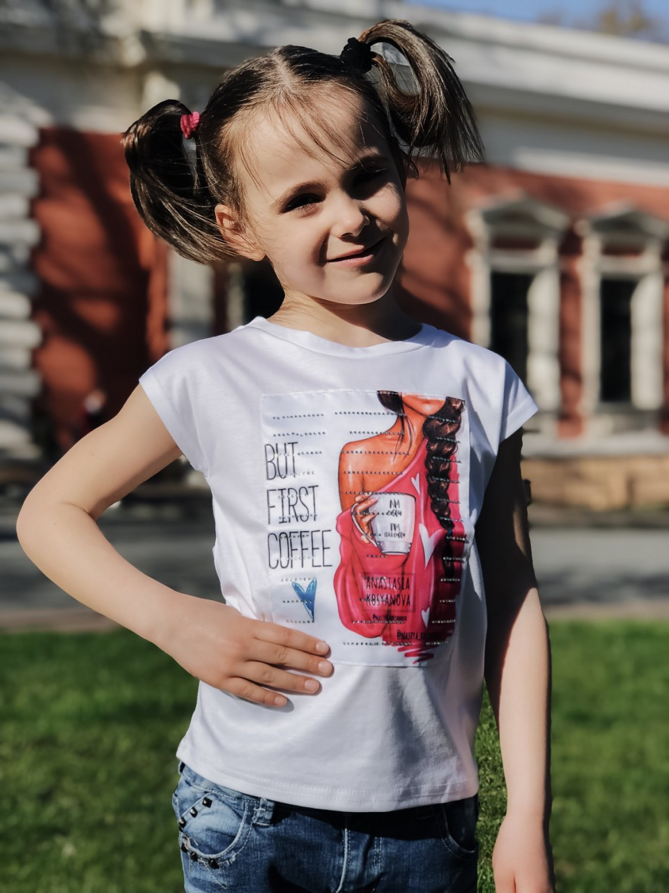 Детская летняя футболка для девочки с красивой аппликацией спереди, серия "мама и дочка" - фото 1 - id-p9662783