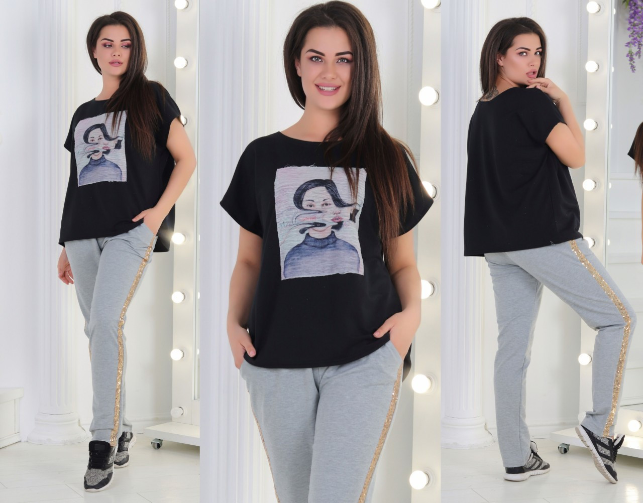 Женский летний костюм: штаны с золотистыми лампасами и футболка с аппликацией, батал большие размеры - фото 1 - id-p9662785