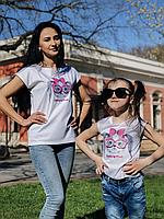 Детская летняя футболка для девочки с красивой аппликацией спереди, серия "мама и дочка"