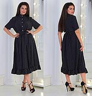 Свободное летнее платье в горошек на пуговицах с воротом стойкой и пояском, батал большие размеры