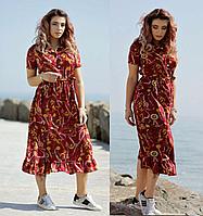 Свободное летнее ретро платье на пуговицах с воротом стойкой и пояском