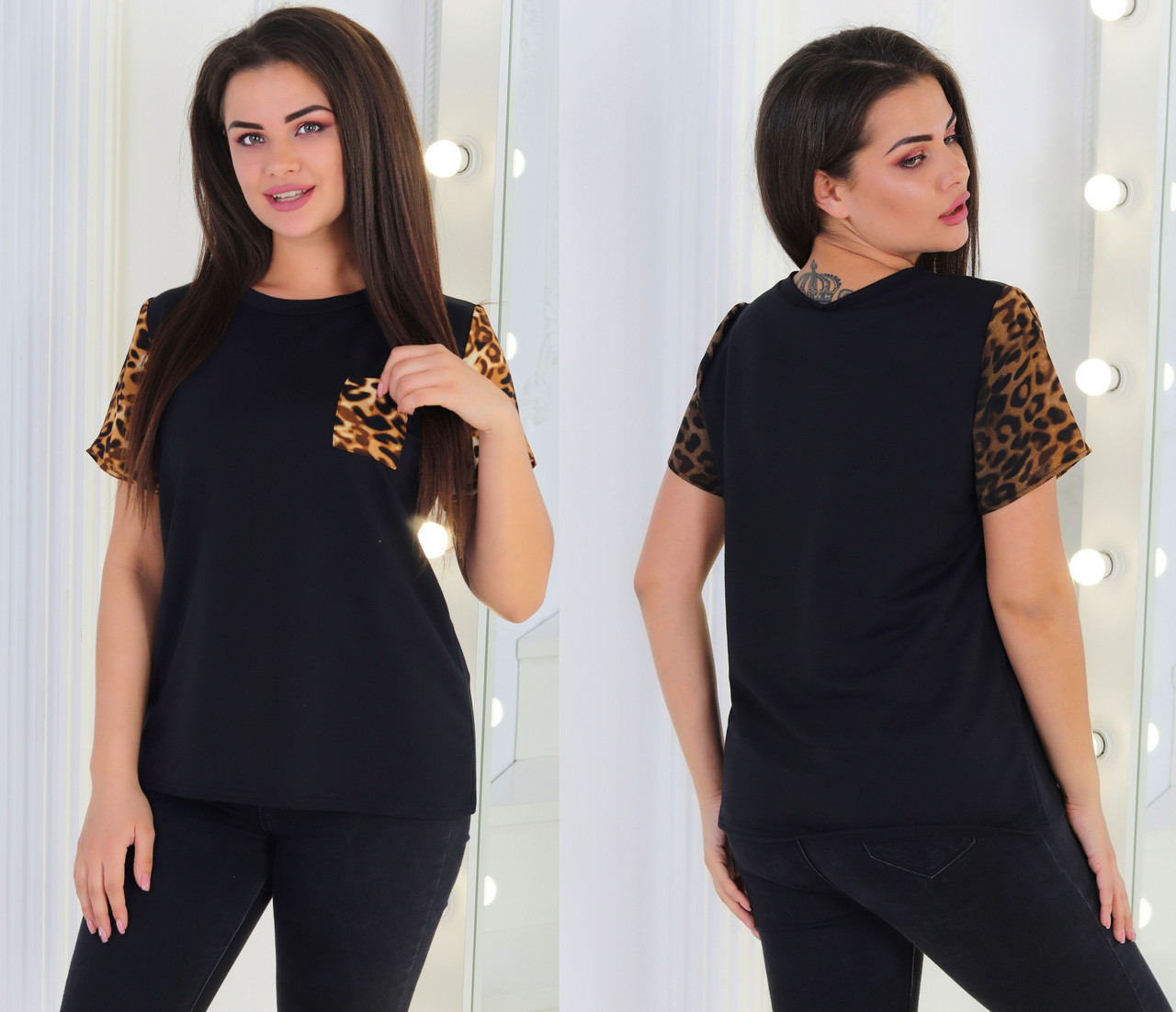 Женская летняя футболка с леопардовыми вставками, батал большие размеры - фото 1 - id-p9684580