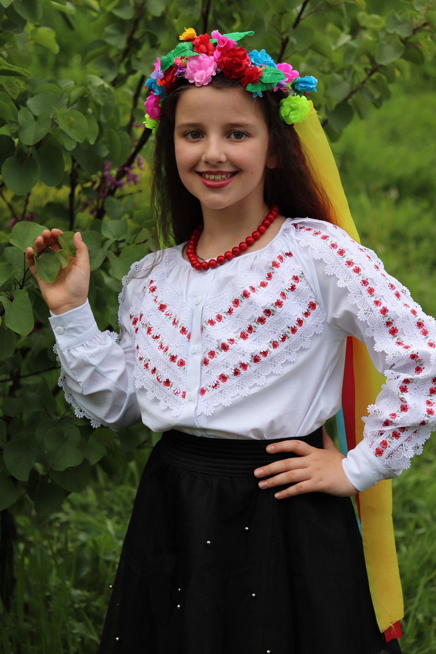 Детская подростковая для девочки нарядная рубашка вышиванка с кружевом - фото 1 - id-p9724626