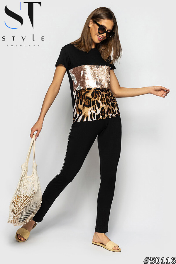 Женская стильная футболка с пайетками и леопардовым принтом - фото 1 - id-p9732474