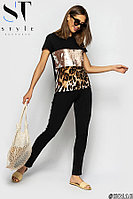 Женская стильная футболка с пайетками и леопардовым принтом