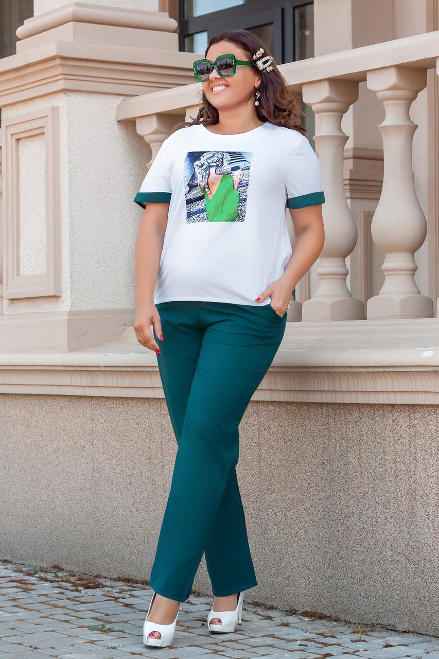 Летний женский костюм: футболка с рисунком и брюки свободного кроя, норма и батал большие размеры - фото 1 - id-p9711787
