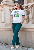 Летний женский костюм: футболка с рисунком и брюки свободного кроя, норма и батал большие размеры