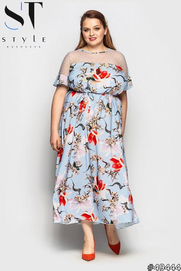 Длинное летнее цветастое легкое платье с сетчатой вставкой сверху, батал большие размеры - фото 1 - id-p9781356