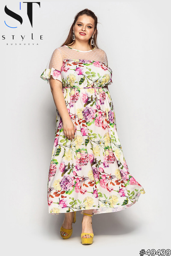 Длинное летнее цветастое легкое платье с сетчатой вставкой сверху, батал большие размеры - фото 1 - id-p9781357