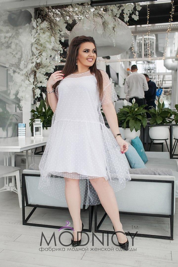 Двухслойное платье двойка из шелка с сетчатым верхом в горошек, батал большие размеры - фото 1 - id-p9781364