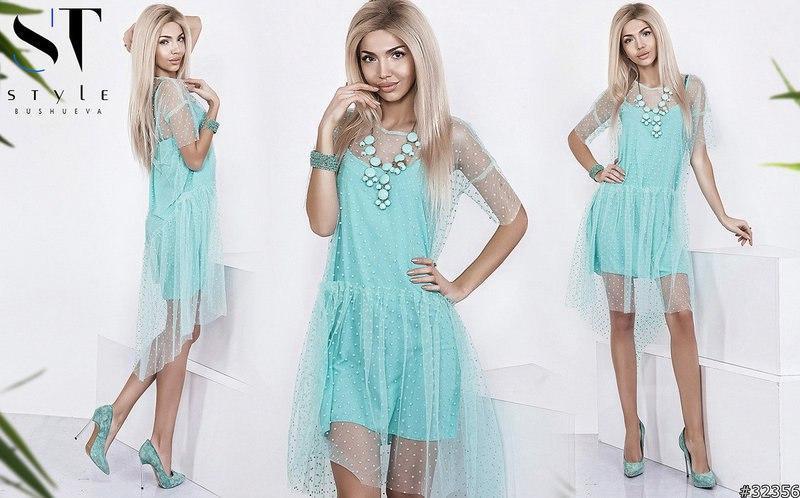 Двухслойное платье двойка из шелка с сетчатым верхом в горошек - фото 1 - id-p9781369