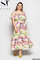 Длинное летнее цветастое легкое платье с сетчатой вставкой сверху, батал большие размеры