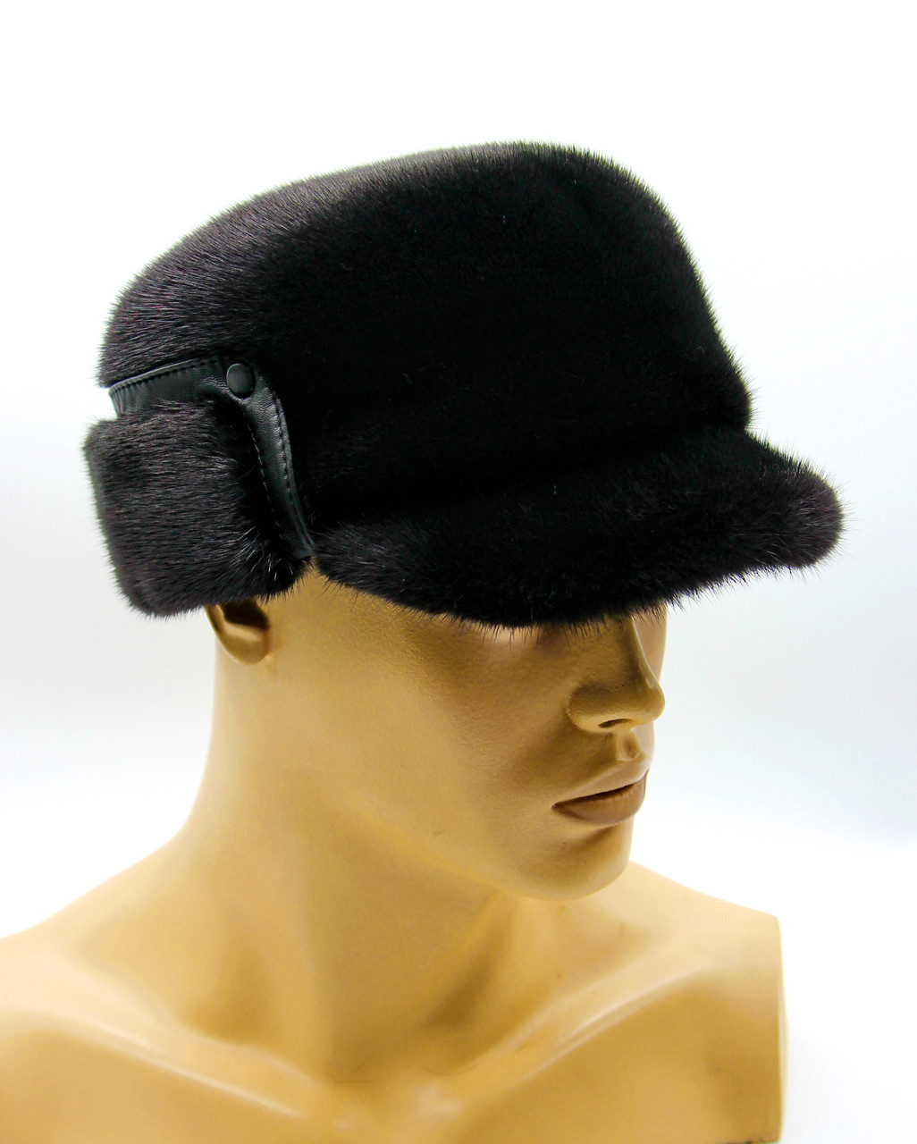 Мужская меховая кепка "Конфедератка" - зимняя шапка из меха норки с ушками, черная. - фото 1 - id-p8141463