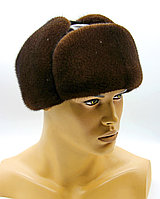 Мужская меховая шапка ушанка "Молодежка" из меха норки и кожи, коричневая пастель. 56