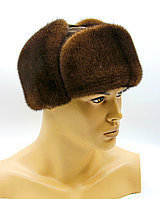 Мужская норковая ушанка шапка "Молодежка" из меха норки и замши коричневая пастель.