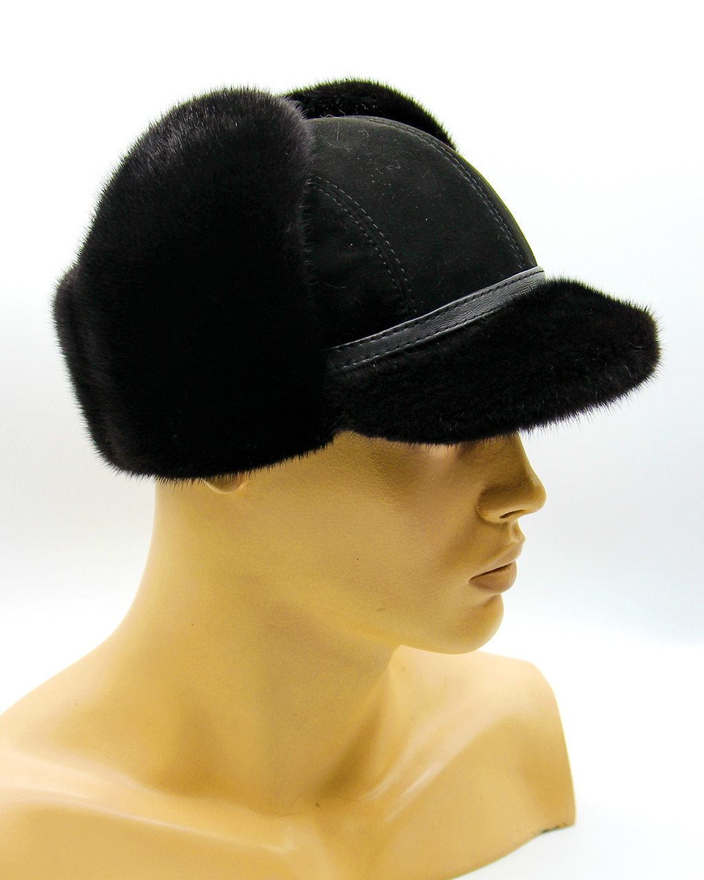 Норковая мужская шапка с козырьком "Мячик" кепка из меха и замши черная. - фото 1 - id-p9820453