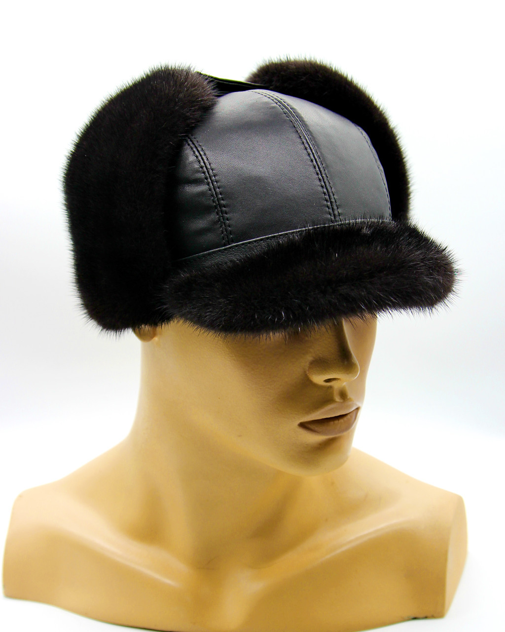 Норковая мужская шапка с козырьком "Мячик" кепка из меха и кожи черная. - фото 1 - id-p9820454