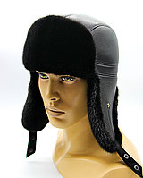 Меховая шапка ушанка из норки и кожи "Пилот" черная.