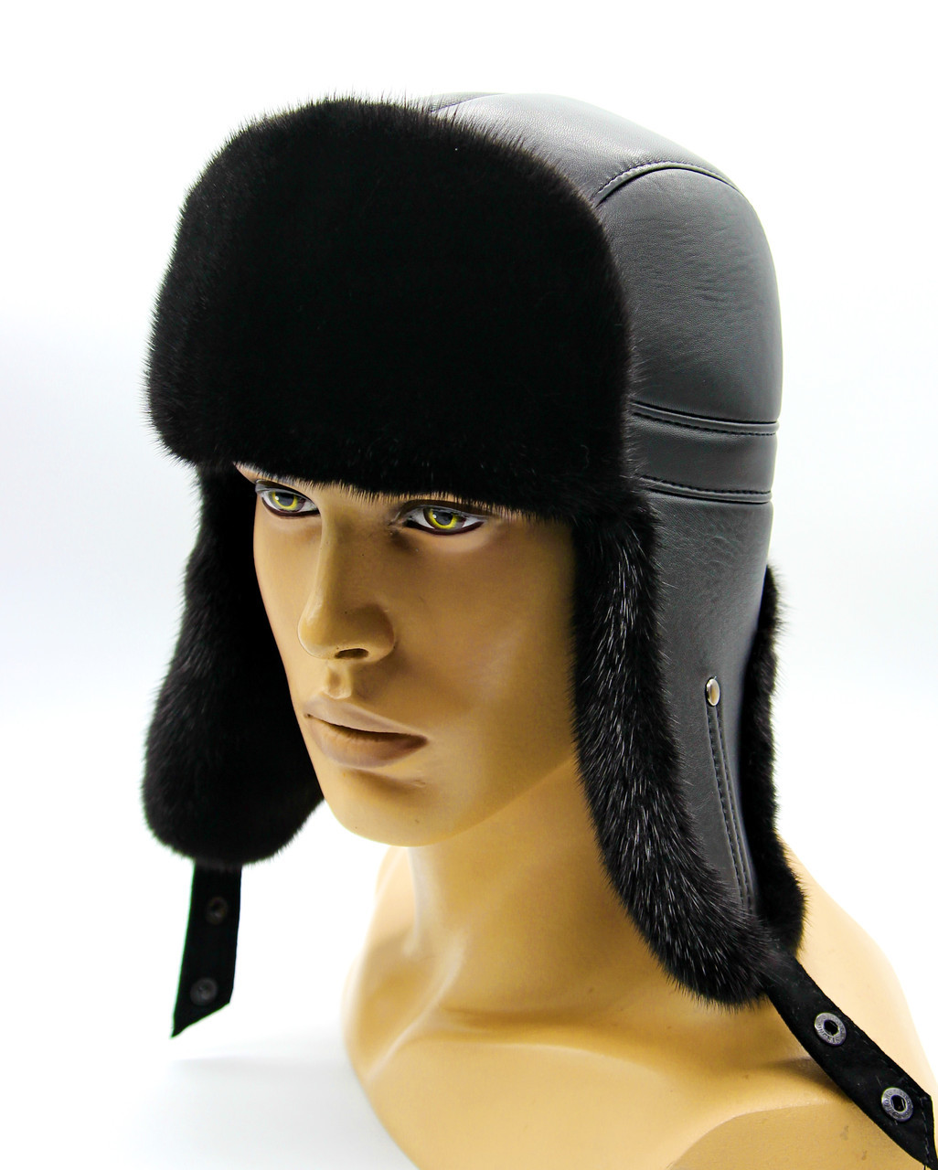 Меховая шапка ушанка из норки и кожи "Пилот" черная. - фото 1 - id-p8141225
