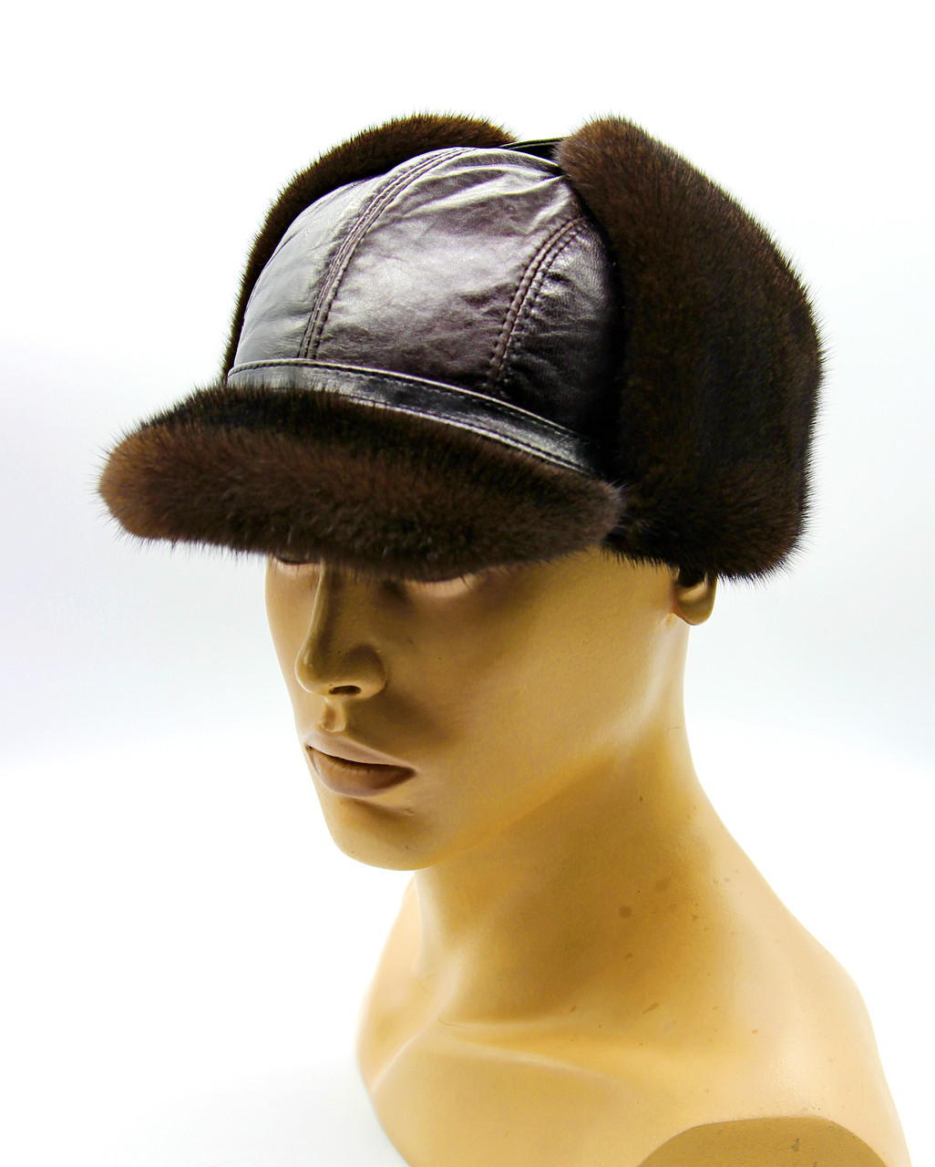 Норковая мужская шапка с козырьком "Мячик" кепка из меха и кожи коричневая. - фото 1 - id-p8141255