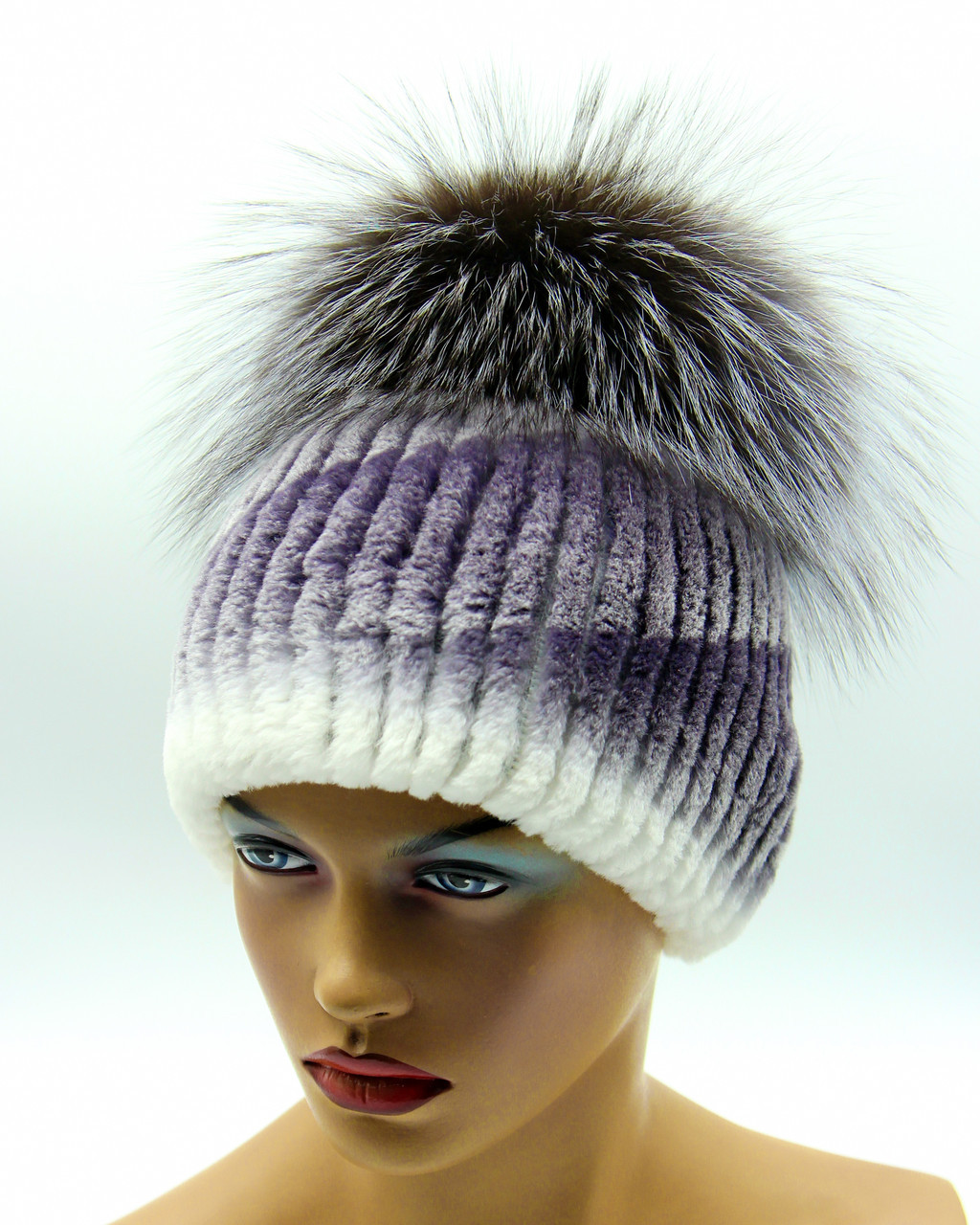 Женская шапка на вязаной основе из меха песца и Rex Rabbit "Малибу" (серо-голубая) - фото 1 - id-p9872373